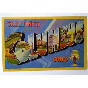 Greetings From Columbus Ohio Large Big Letter Postcard Linen Gold Border Unused